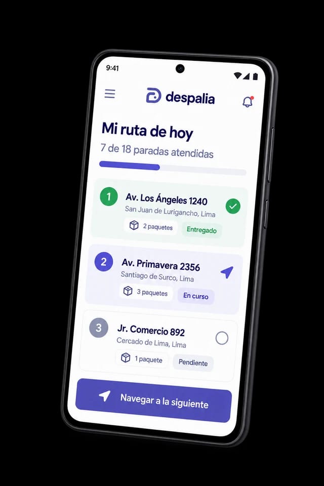 Vista ilustrativa de la ruta del repartidor en Despalia